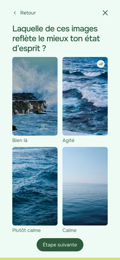 Suivi quotidien de l'application soignant : quatre images de mer, de la vague agitée à l'eau calme, pour dire son état d'esprit.